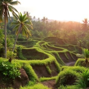 Green terraced fields with palm trees at sunrise.
